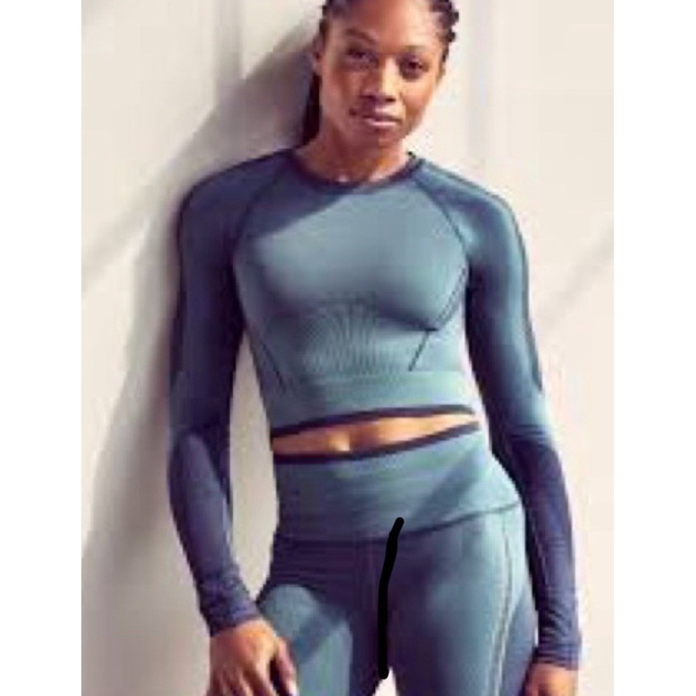 Athleta x Allyson Felix Blue Teal Mesh‎ Shine Cropped Top XS Compression Gym
